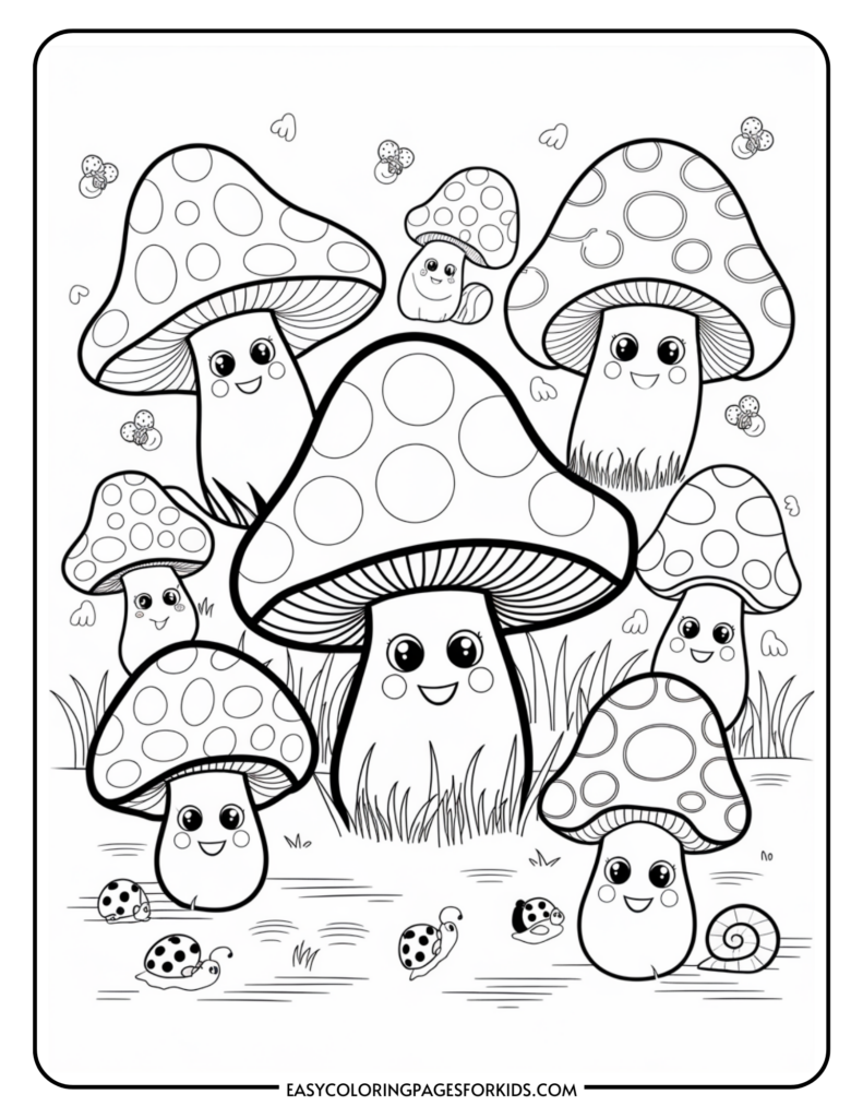 A coloring page featuring cartoon mushrooms with smiling faces, surrounded by grass, small ladybugs, and snails. The mushrooms have polka-dotted caps and cute expressions, making the scene playful and whimsical.