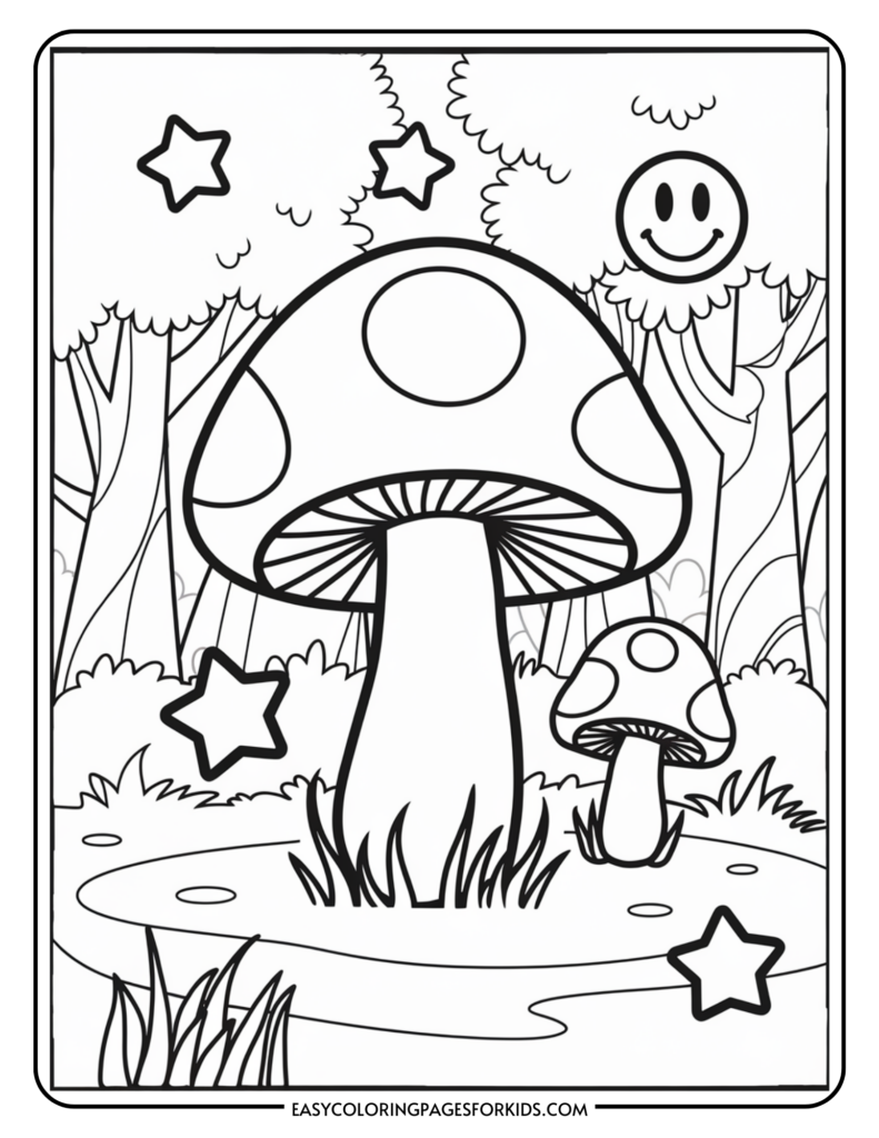 Coloring page featuring large cartoon mushrooms with polka dots, surrounded by grass, trees, stars, and a smiley face in the sky.