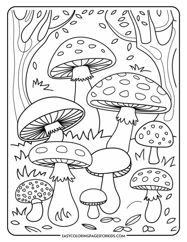 A black and white coloring page featuring a group of mushrooms with spotted caps in a forest setting, surrounded by grass, trees, and fallen leaves.