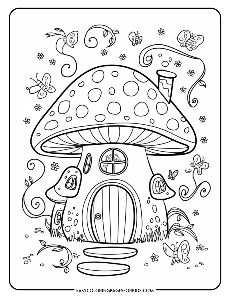 Coloring page illustration of a whimsical mushroom house with a round door and windows, surrounded by butterflies, swirly vines, and small flowers.