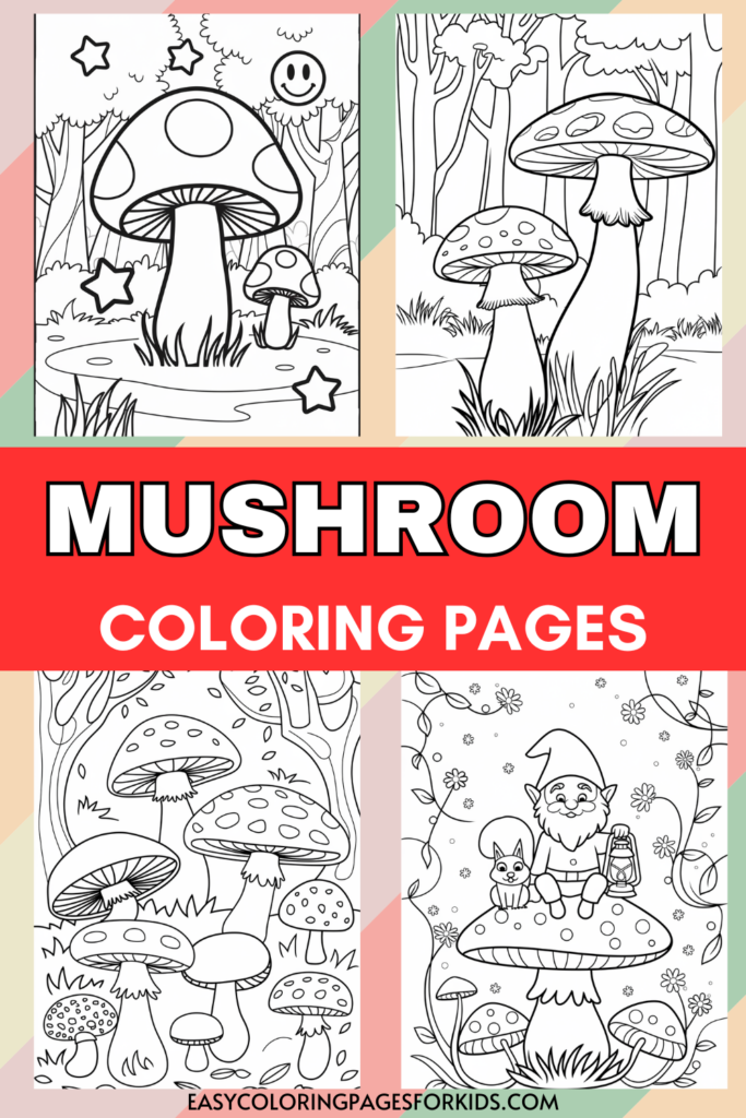 Four pages of mushroom-themed coloring designs featuring whimsical mushrooms, forest backgrounds, a smiling face, stars, and a gnome sitting on a mushroom with a lantern and a cat.