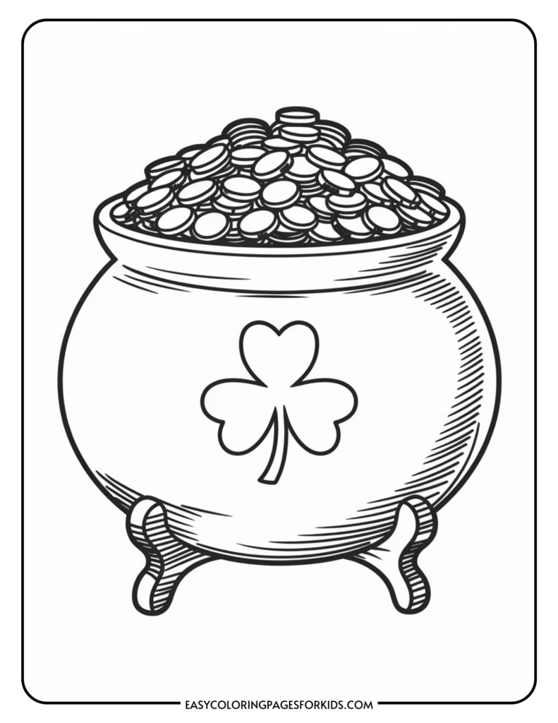 Black and white illustration of a pot filled with coins, featuring a shamrock symbol on its side, set against a plain background.