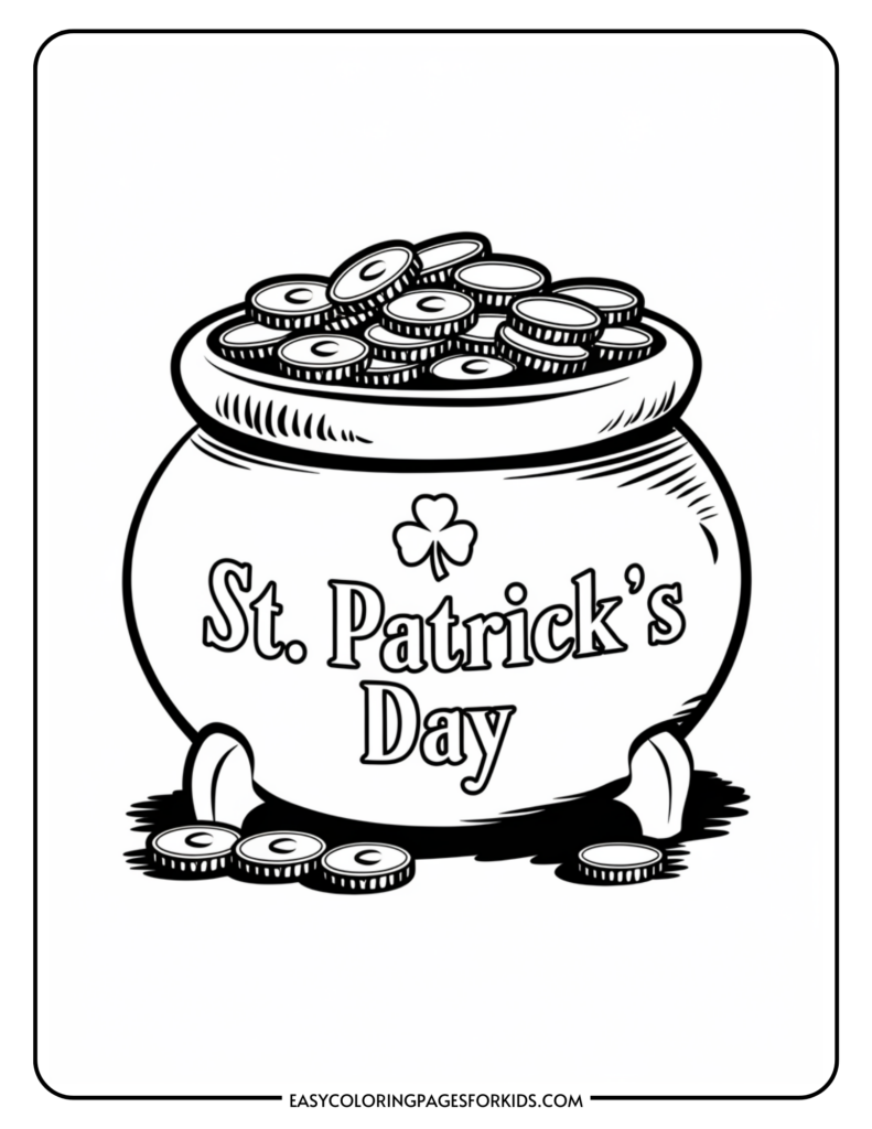 A black and white illustration of a pot filled with coins, labeled 'St. Patrick's Day' with a shamrock symbol, ideal for coloring.