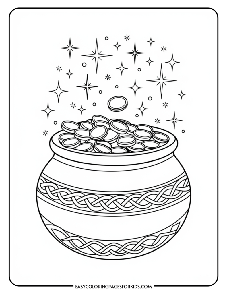 A coloring page showing a pot filled with coins, decorated with a Celtic knot pattern, and surrounded by sparkling stars.