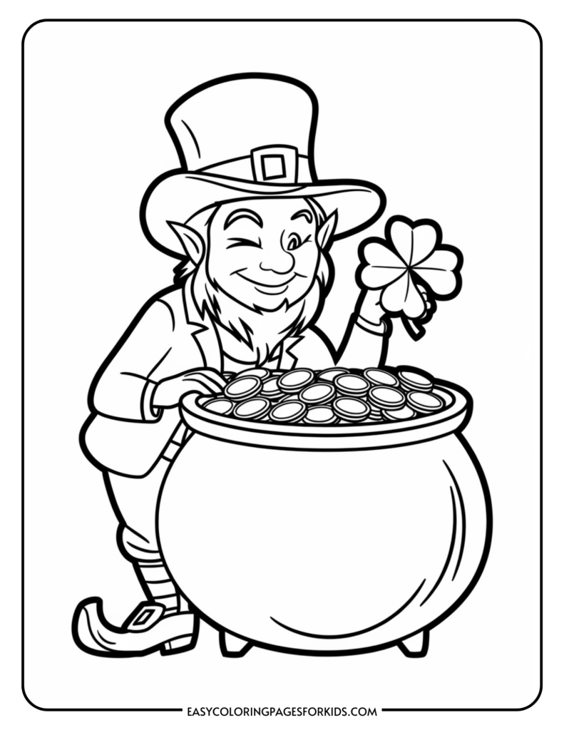 A leprechaun winking and holding a four-leaf clover, standing beside a large pot filled with coins.