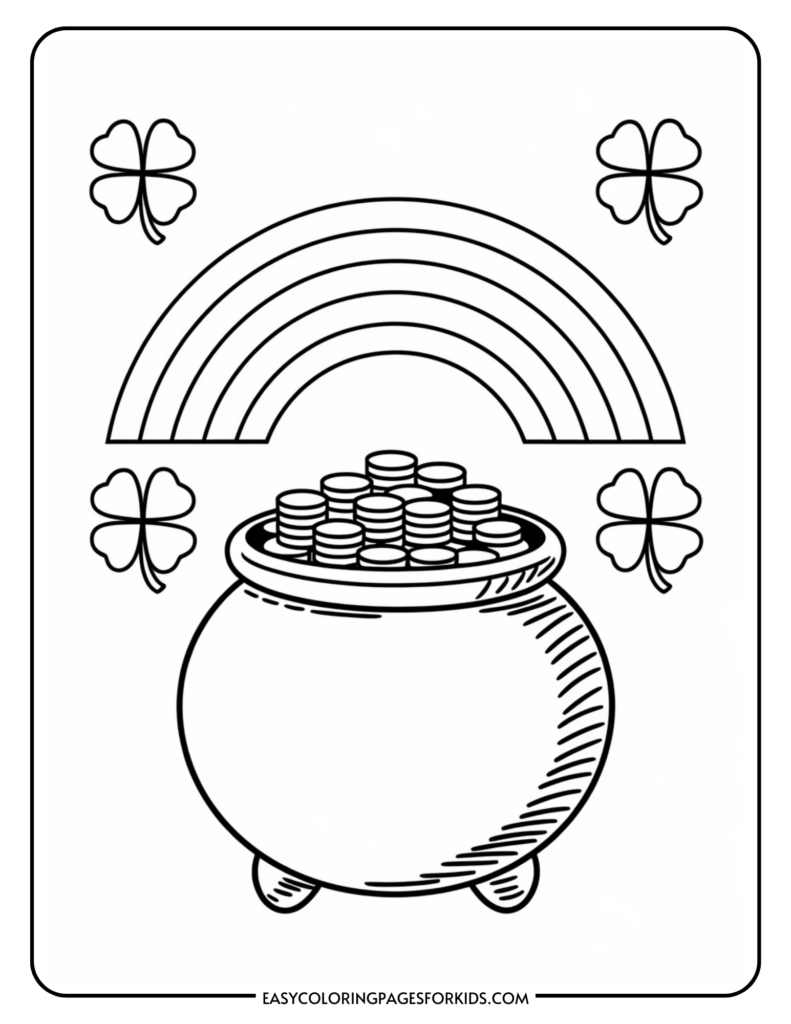 A coloring page featuring a pot of gold at the end of a rainbow, surrounded by four-leaf clovers.