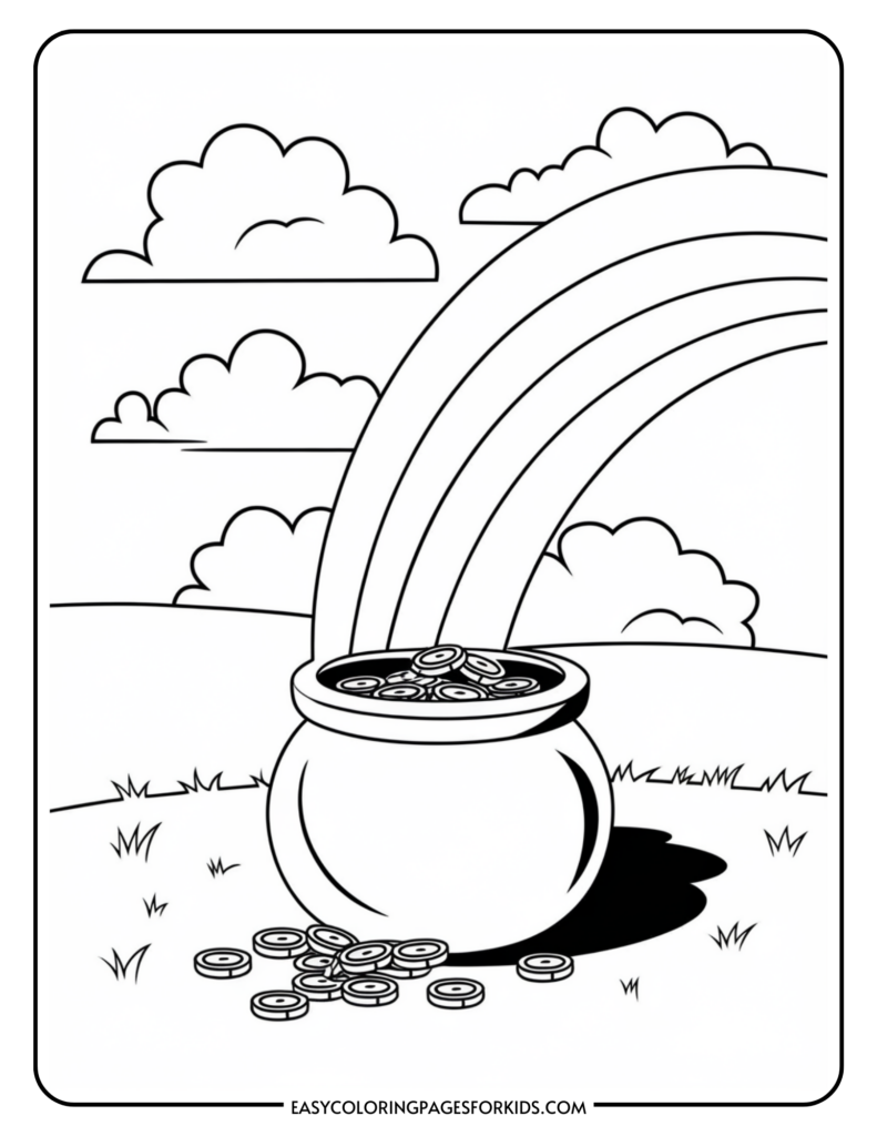 Coloring page with a pot filled with coins at the end of a rainbow, surrounded by clouds and grass.