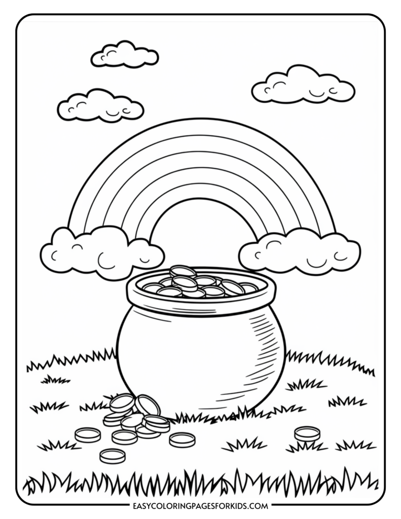 Coloring page illustration of a pot of gold at the end of a rainbow, with clouds and grass.