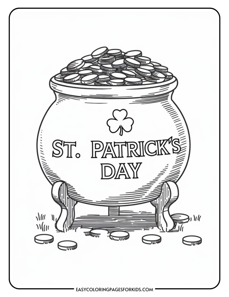 A black and white coloring page featuring a large pot filled with coins. The pot is labeled "St. Patrick's Day" and has a shamrock design above the text. Coins are scattered around the base of the pot.