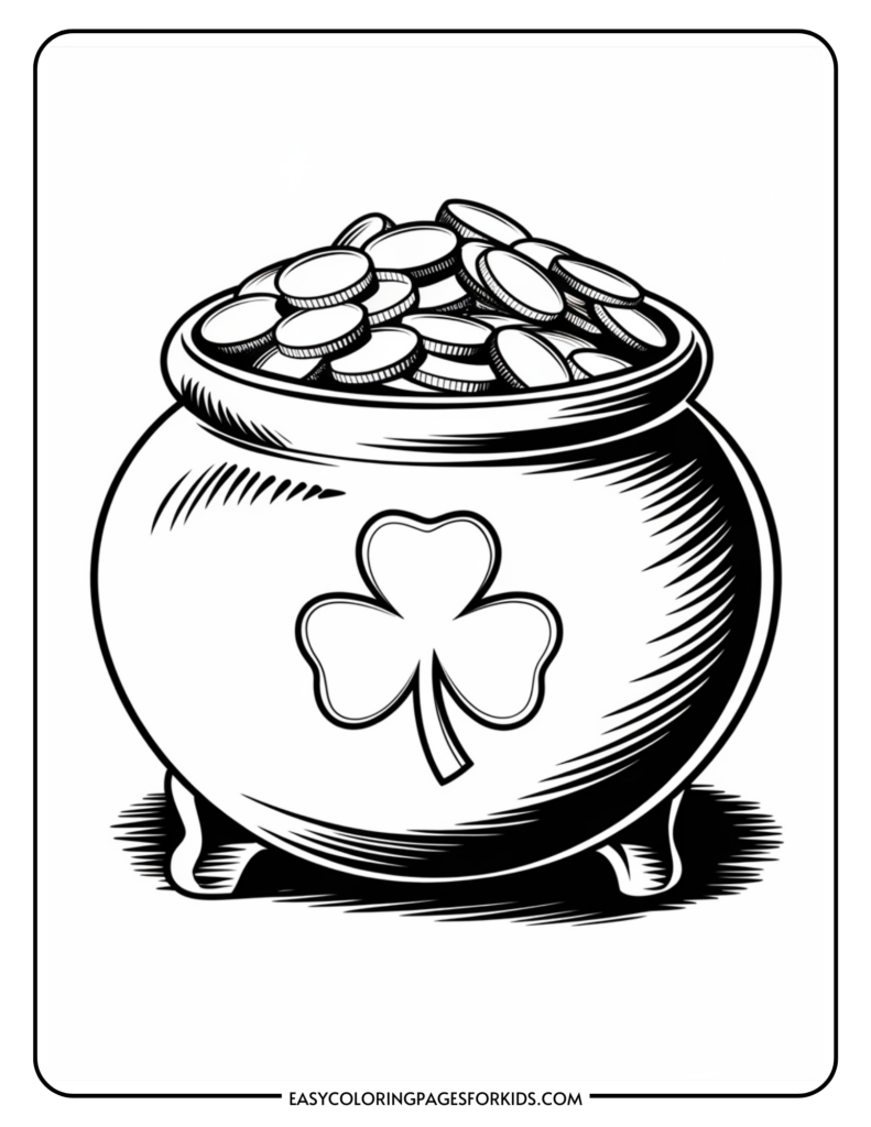 Black and white illustration of a pot filled with coins, featuring a shamrock symbol on the side.