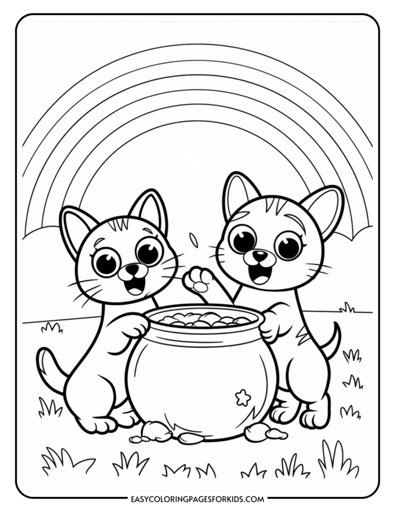 A black and white illustration of two cartoon kittens playing with a pot full of round objects, set against a backdrop of a rainbow in the sky.