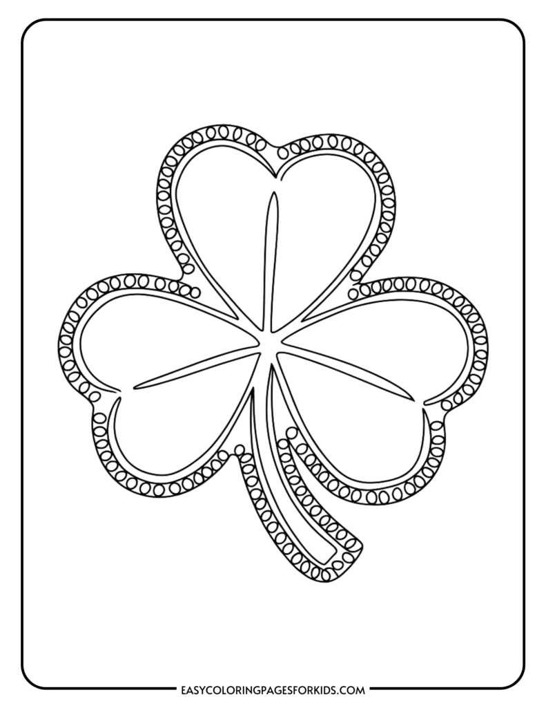 A black and white coloring page featuring a three-leaf clover with decorative dotted borders around each leaf.