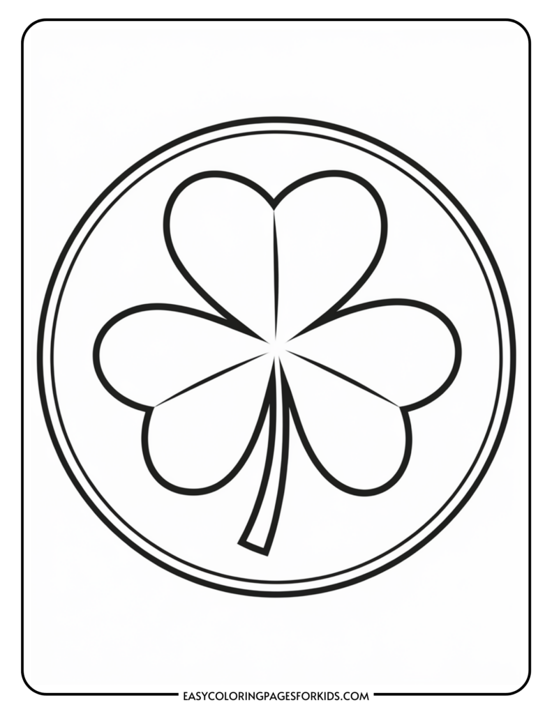 A simple black and white line drawing of a three-leaf clover inside a circle, designed for coloring.