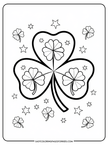 A coloring page featuring a large shamrock with three heart-shaped leaves, surrounded by smaller shamrocks and stars on a plain background.