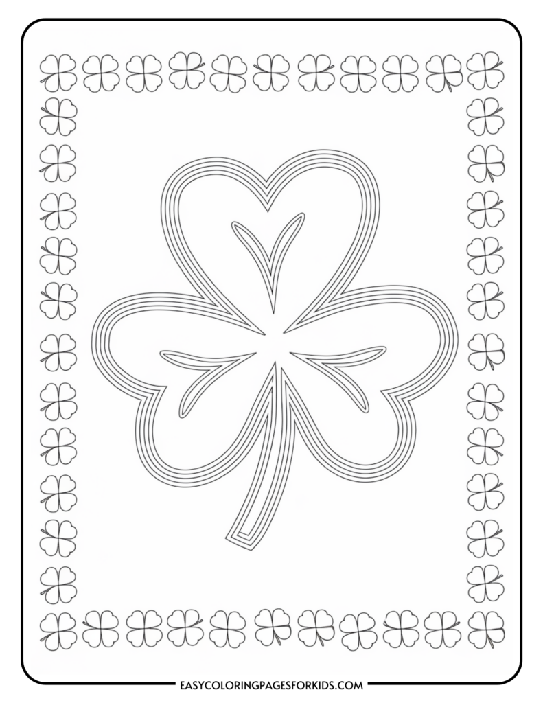 A coloring page featuring a large three-leaf clover with outlined leaves and a border of smaller clover patterns surrounding it.