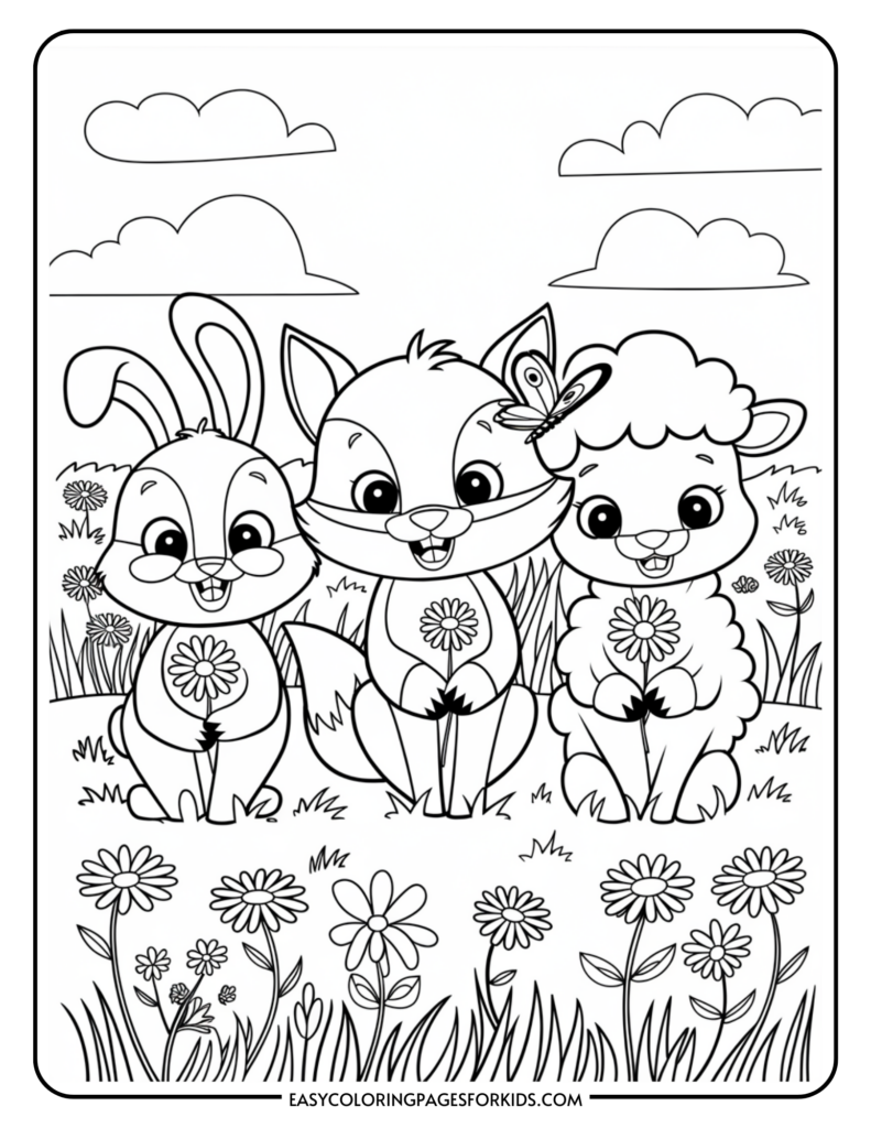 A black and white illustration of a rabbit, a fox, and a lamb sitting together on grass, each holding a flower. A butterfly is resting on the fox's nose. There are clouds in the sky and flowers in the foreground.