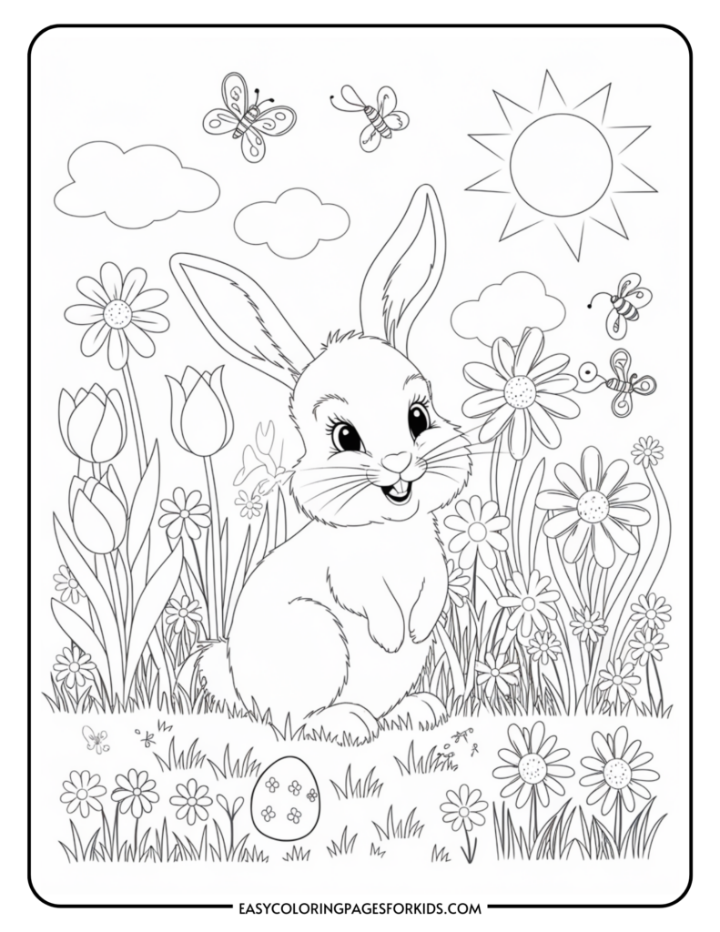 Coloring page of a cheerful rabbit sitting in a field of flowers with butterflies flying around, a sun shining above, and clouds in the sky.