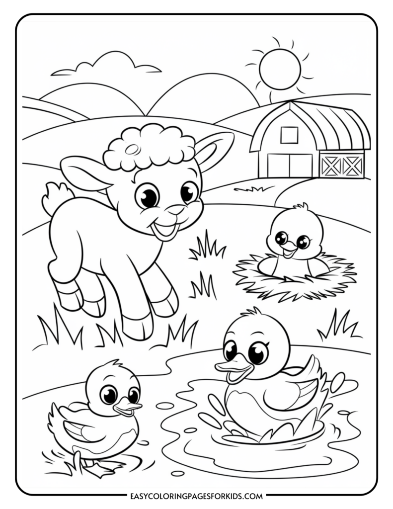 A cartoon coloring page featuring a happy lamb, a duckling swimming in a pond, another duckling on the grass, and a chick in a nest. In the background, there is a barn, rolling hills, and a sun in the sky.