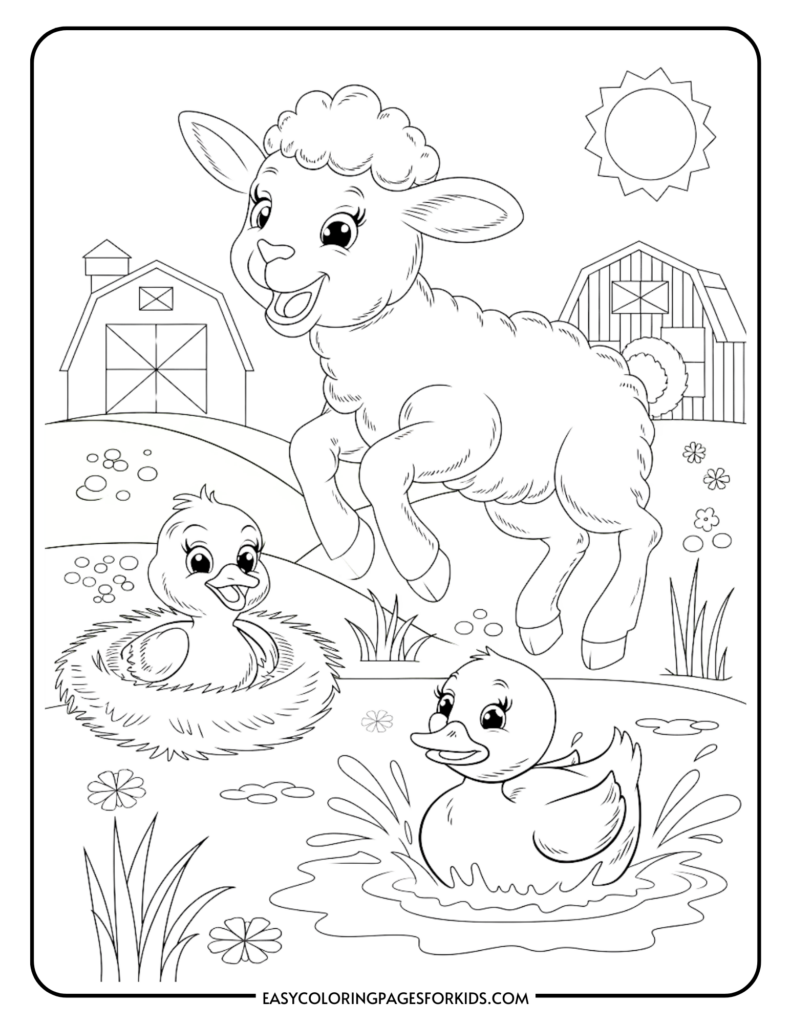 A coloring page featuring a smiling lamb jumping in a farm setting with a barn and sun in the background. Two ducks are present; one sits in a nest, while the other splashes in a pond surrounded by grass and flowers.