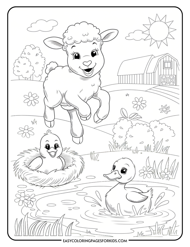 A coloring page featuring a cute lamb jumping joyfully in a pastoral setting with flowers, a duck swimming in a pond, a bird sitting in a nest, and a barn in the background under a sunny sky.