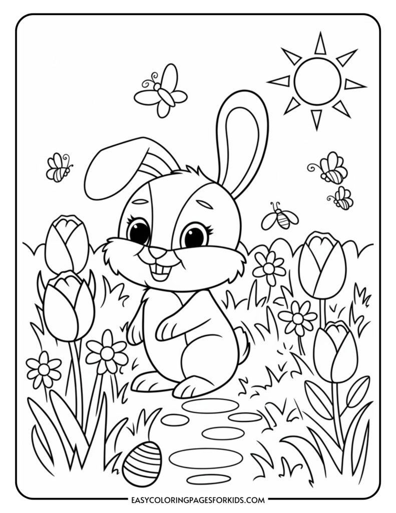 A coloring page featuring a cute rabbit sitting in a garden with flowers, butterflies, and a sun in the sky.