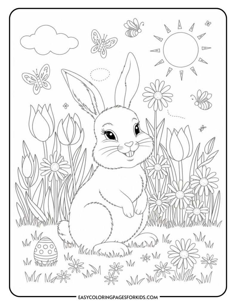 A coloring page featuring a cute rabbit sitting in a garden surrounded by flowers, butterflies, and a decorated egg. The sun and clouds are visible in the sky.