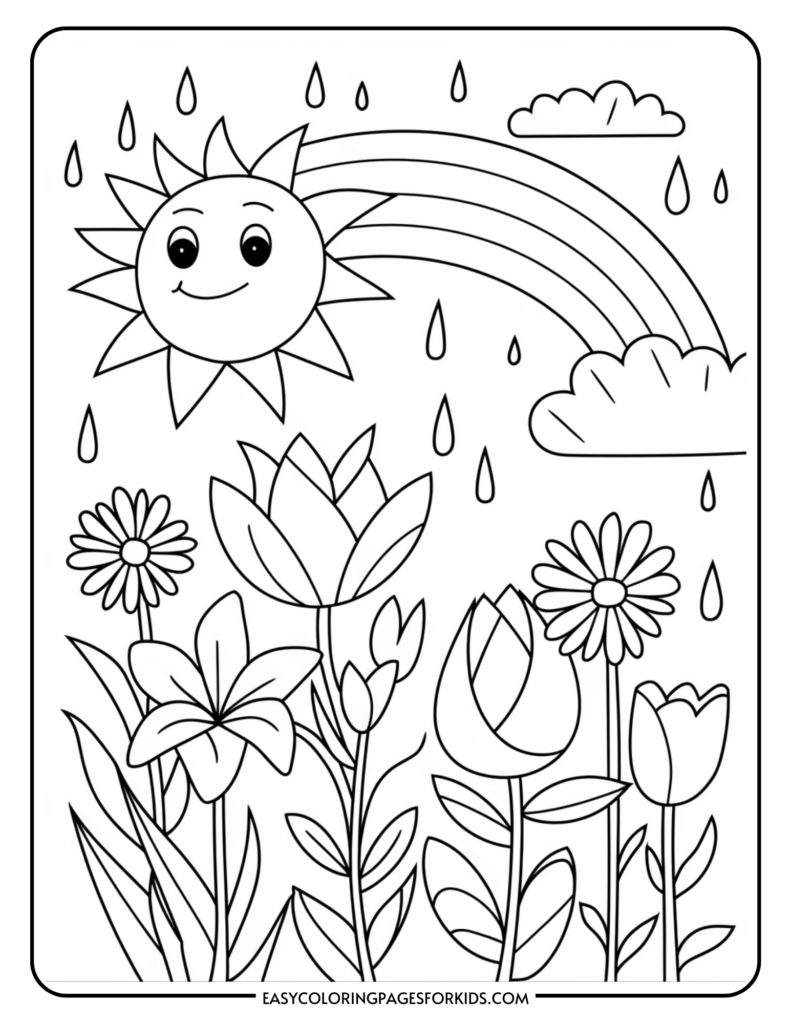 A coloring page featuring a cheerful sun with a face, a rainbow, raindrops, clouds, and various blooming flowers including daisies and tulips below.