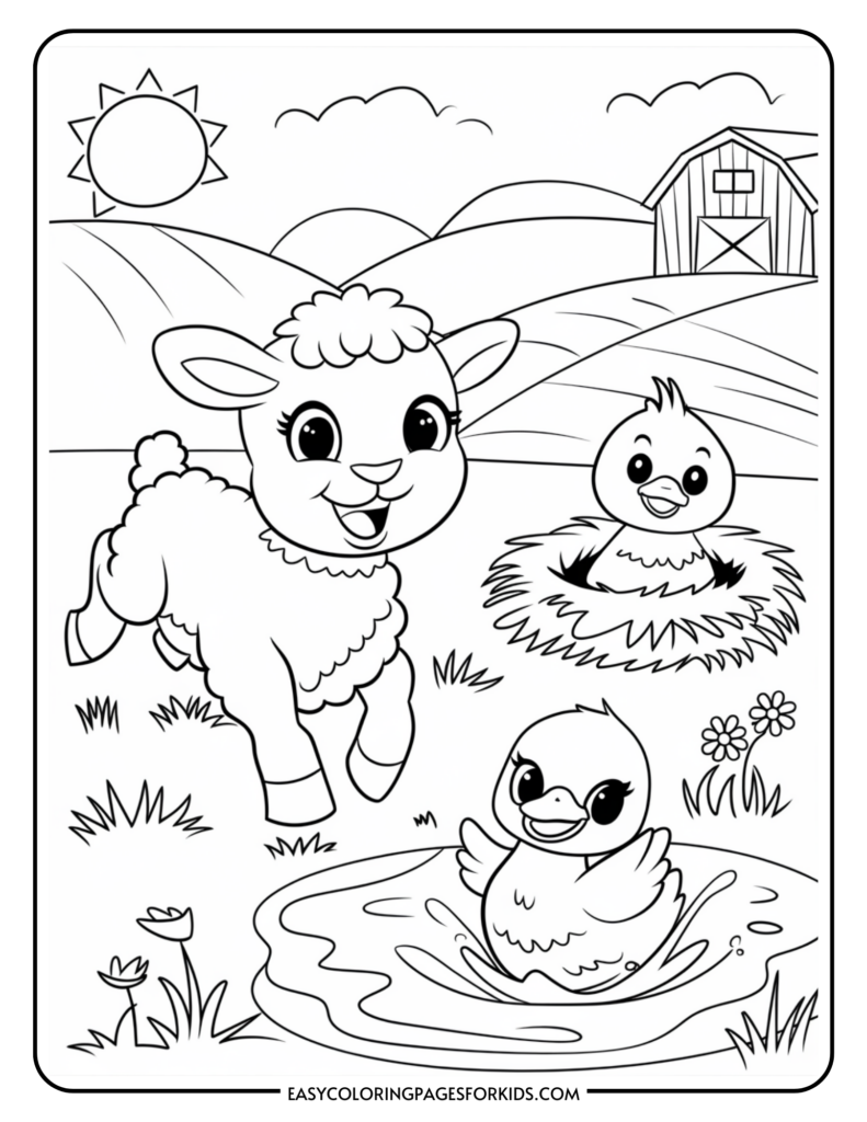 Coloring page featuring a happy lamb, a duckling in a pond, and a chick in a nest, set in a rural landscape with a barn and sun.