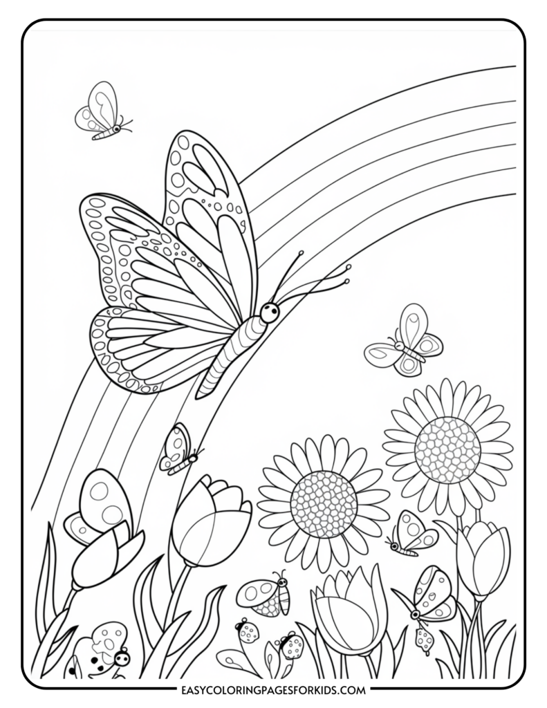 A coloring page featuring a large butterfly flying near a rainbow with various smaller butterflies and ladybugs among tulips and sunflowers below.