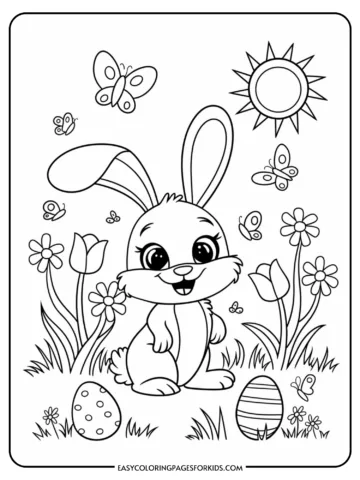 A coloring page featuring a cute cartoon bunny with large ears sitting among flowers and grass. Butterflies flutter around it, and there are two decorated Easter eggs on the ground. A stylized sun shines in the sky.