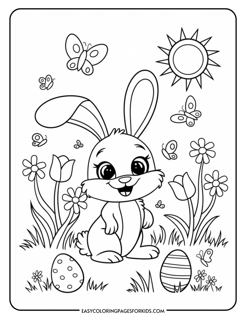 A coloring page featuring a cute cartoon bunny with large ears sitting among flowers and grass. Butterflies flutter around it, and there are two decorated Easter eggs on the ground. A stylized sun shines in the sky.