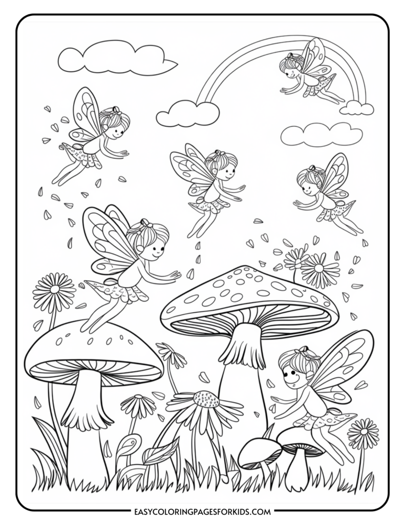 Illustration of five fairies with wings and dresses flying around large mushrooms and flowers, with a rainbow and clouds in the background.