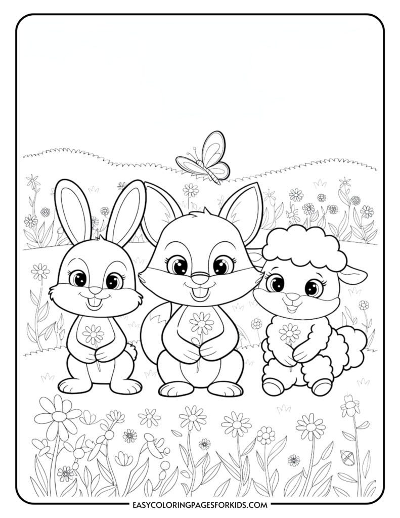 A coloring page featuring a cute rabbit, fox, and lamb standing together in a flower-filled meadow, each holding a flower, with a butterfly flying above them.