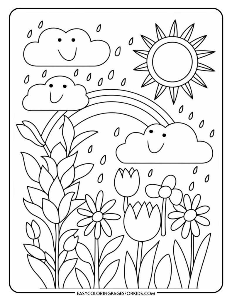 Coloring page featuring smiling clouds with rain, a sun with rays, and various flowers including daisies and tulips, all outlined in black.