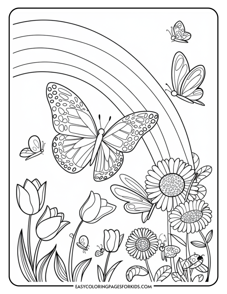 A coloring page featuring butterflies flying over flowers with a rainbow in the background. The scene includes tulips and daisies, and several butterflies of different sizes with detailed patterns on their wings.