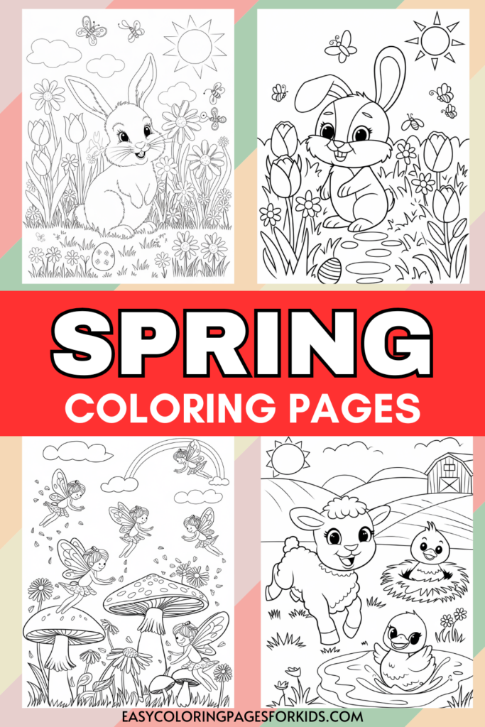 A collage of four spring-themed coloring pages featuring rabbits, flowers, fairies, mushrooms, a lamb, ducklings, and a barn with a sun and clouds in the background.