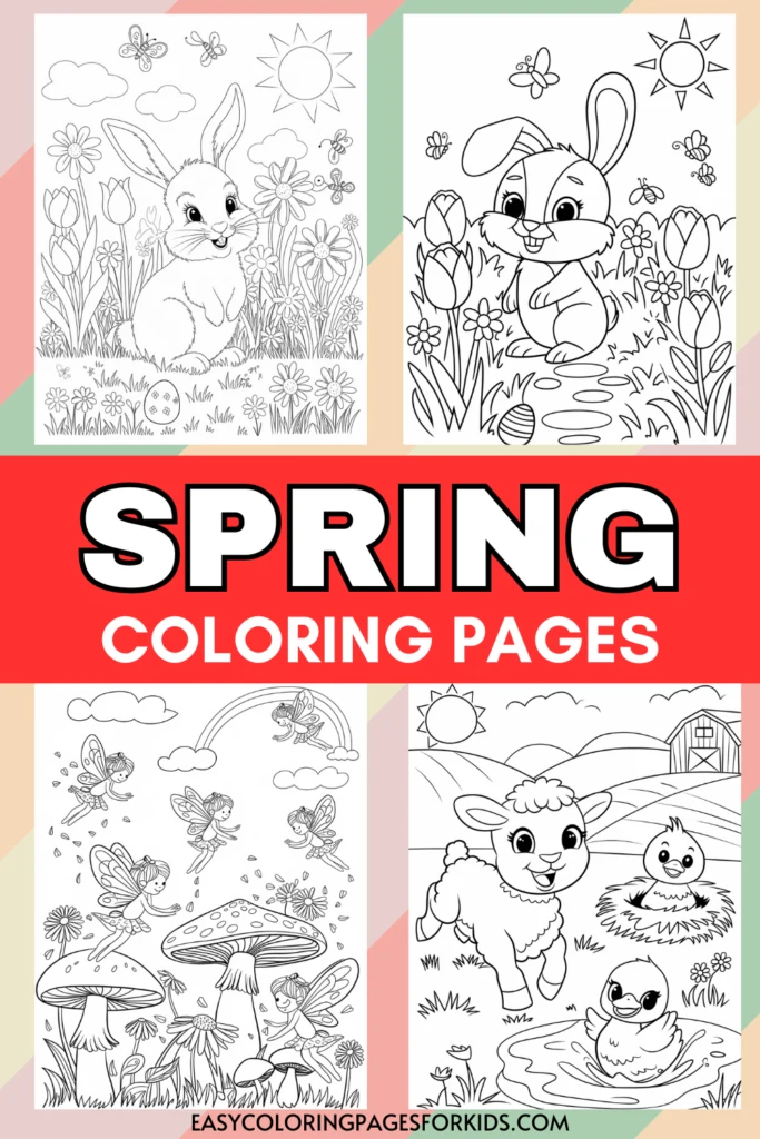 A collage of four spring-themed coloring pages featuring rabbits, flowers, fairies, mushrooms, a lamb, ducklings, and a barn with a sun and clouds in the background.