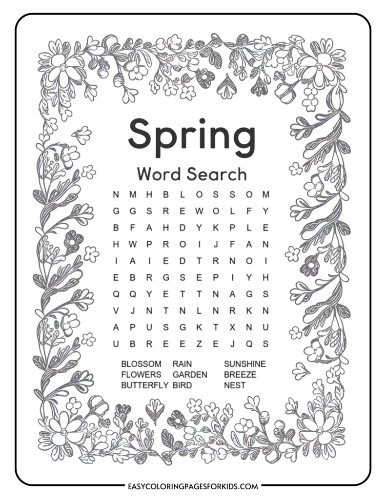 A spring-themed word search puzzle surrounded by floral illustrations. The words to find include blossom, flowers, butterfly, rain, garden, bird, sunshine, breeze, and nest.