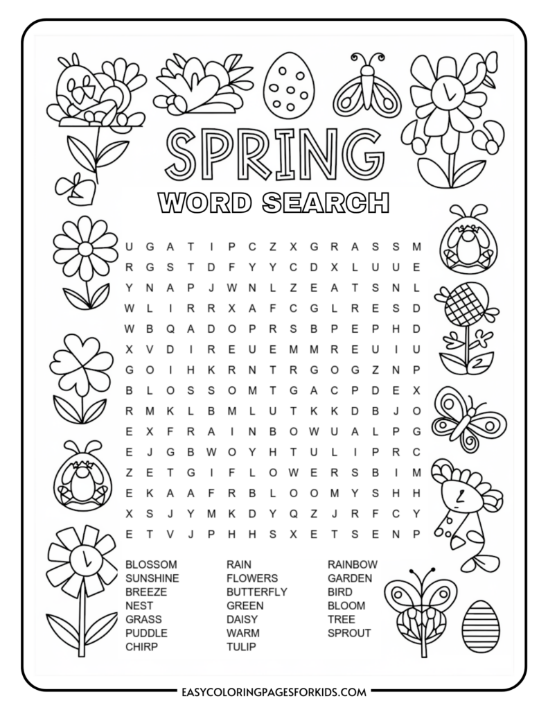 A black and white spring-themed word search puzzle featuring words like blossom, sunshine, breeze, and rainbow. The border is decorated with drawings of flowers, butterflies, a bee, and a decorated egg, suitable for coloring.