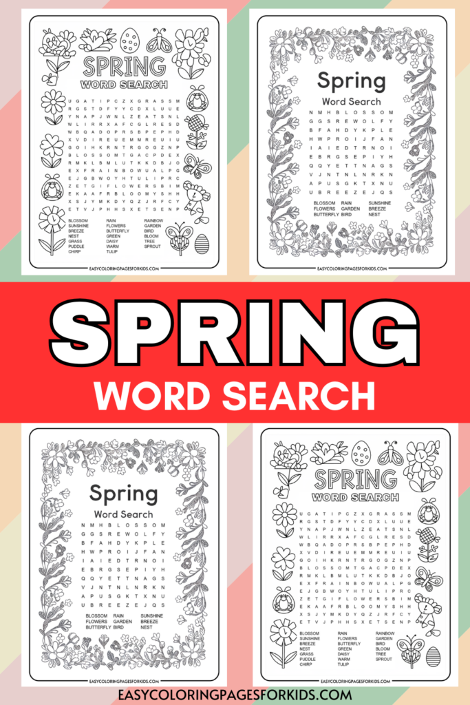 Four illustrated spring-themed word search puzzles featuring floral borders and images of flowers, butterflies, and eggs, with the title 'Spring Word Search.'