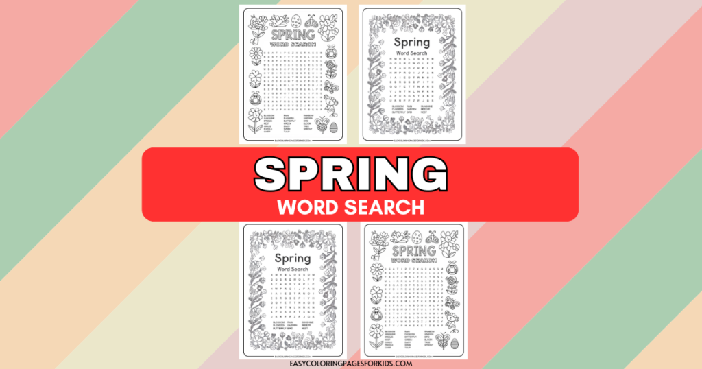 Four spring-themed word search puzzles are displayed, each with decorative floral borders, on a pastel-colored background.