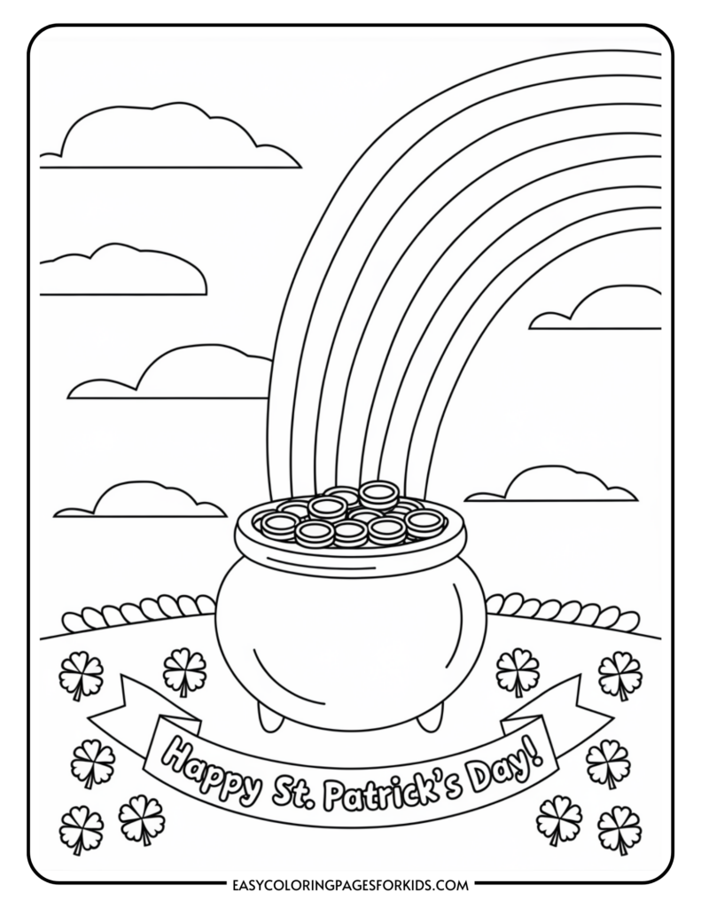 A black and white coloring page featuring a pot of gold at the end of a rainbow, surrounded by shamrocks, with the text 'Happy St. Patrick's Day!' at the bottom.