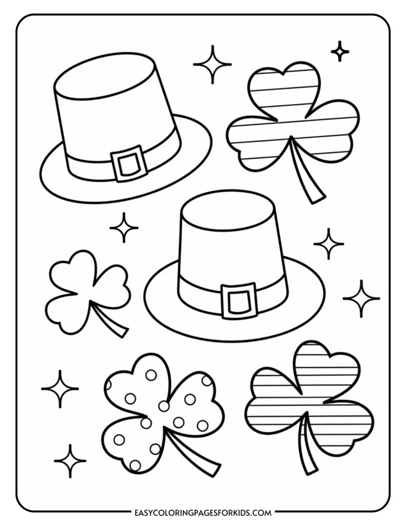 Coloring page featuring two leprechaun hats with buckles and several shamrocks, some with polka dots and stripes, surrounded by stars.