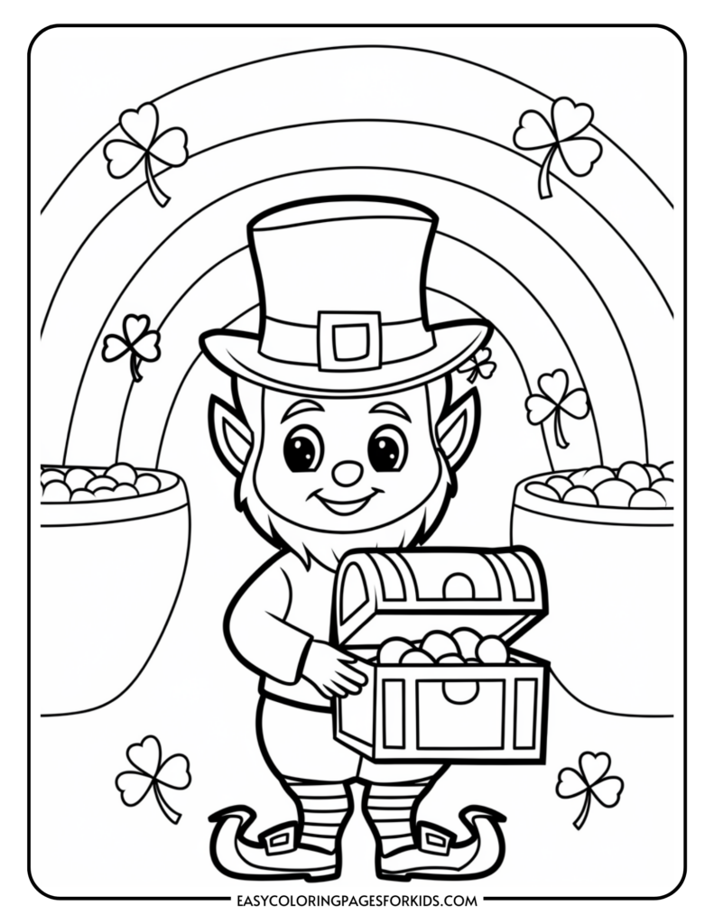 A coloring page featuring a smiling leprechaun holding an open chest filled with coins, standing between two pots of gold under a rainbow with shamrocks scattered around.