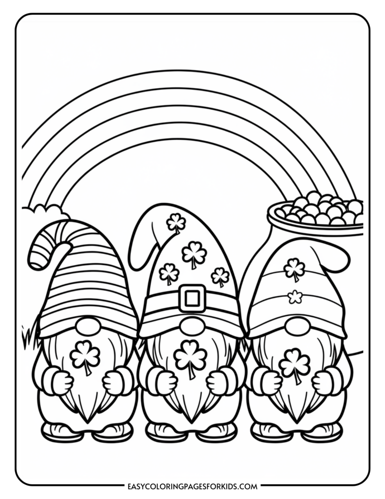 Black and white illustration of three gnomes wearing hats decorated with clovers, standing in front of a rainbow and a pot of gold.