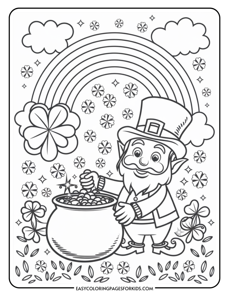 A leprechaun by a pot of gold at the end of a rainbow, surrounded by shamrocks and stars, with clouds in the background.