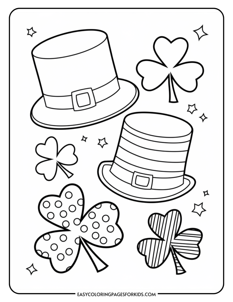 Coloring page featuring St. Patrick's Day-themed illustrations, including two hats with buckles, shamrocks with various patterns, and small star shapes around them.