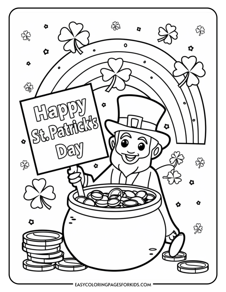 A coloring page featuring a cheerful leprechaun holding a sign that says 'Happy St. Patrick's Day.' The leprechaun stands next to a pot filled with coins, with a rainbow and shamrocks in the background.