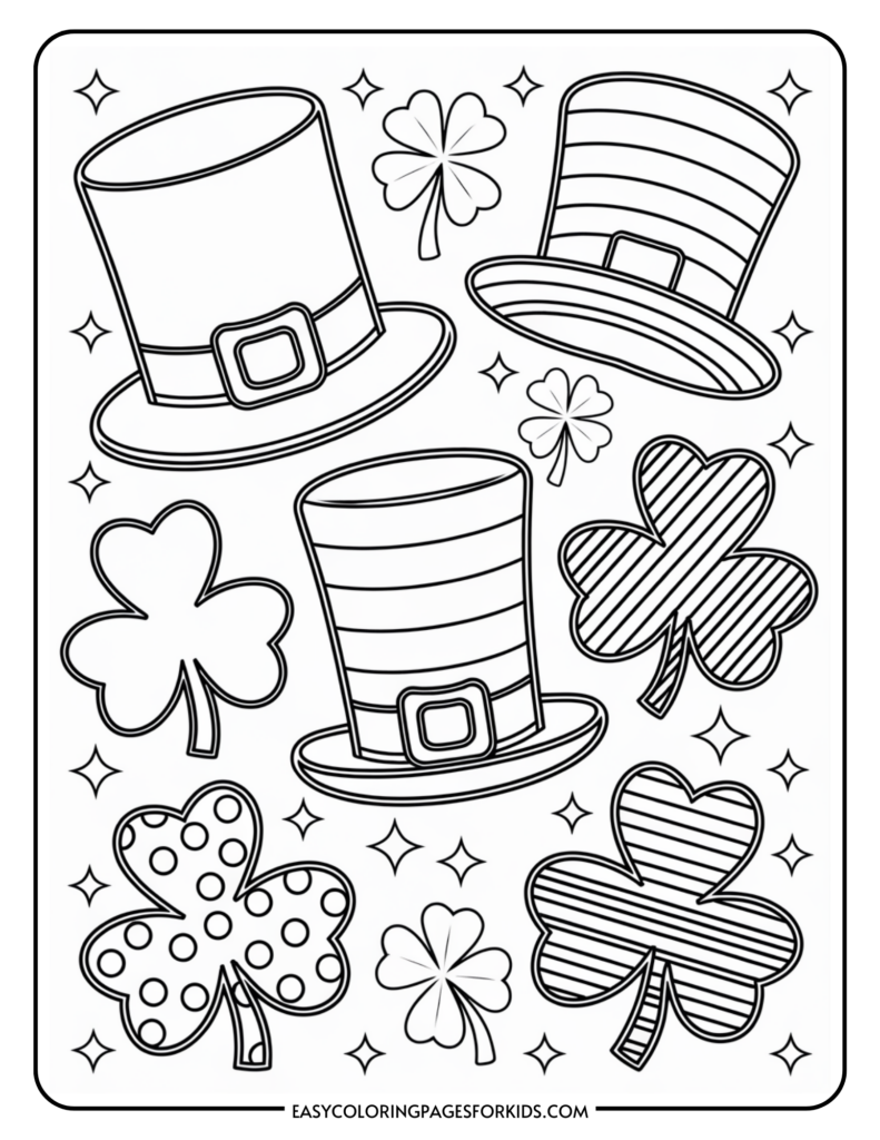 Black and white coloring page featuring three leprechaun hats with buckles, various shamrocks, and sprinkled stars.