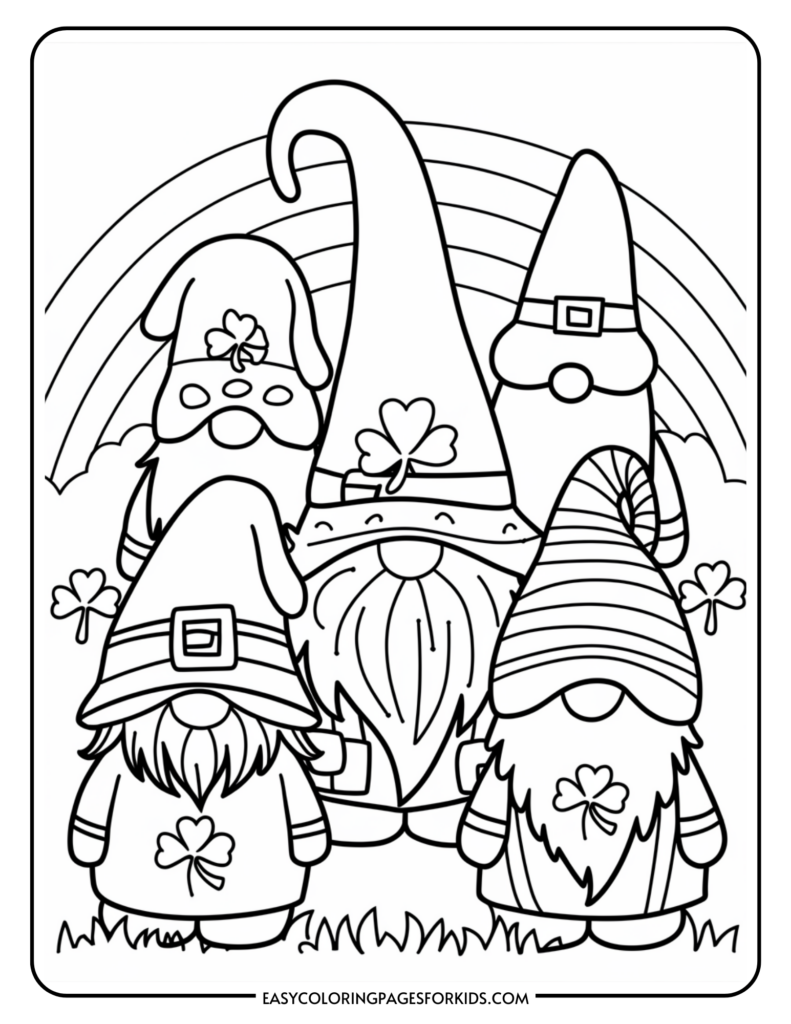 Black and white coloring page of five gnomes with shamrocks on their clothing, standing in front of a rainbow.